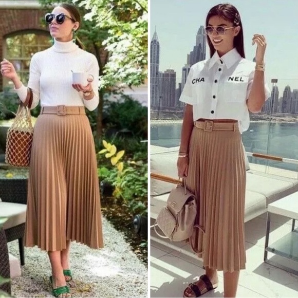 Zara Dresses & Skirts - - Zara camel pleated midi skirt with belt